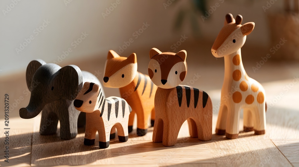 Fototapeta premium A row of wooden toy animals including elephant zebra fox tiger and giraffe standing on a light wood floor bathed in warm sunlight