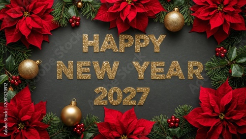 Celebration of New Year 2027 With Festive Decorations and Flowers