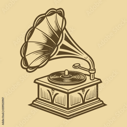 Obraz na plátně Vintage gramophone illustration in line art style for audio concept