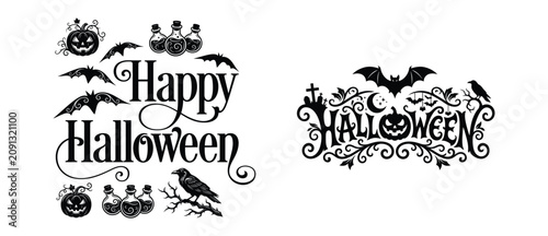 Schilderij op canvas Halloween decorations and signs with bats pumpkins and spooky elements