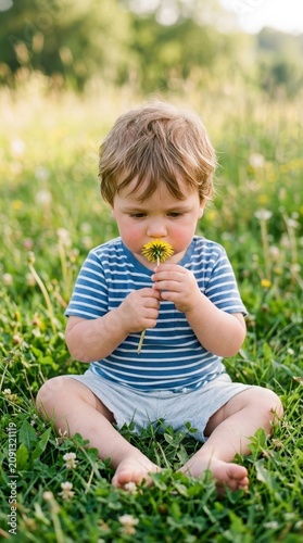A Tender Moment of Childhood Discovery: A Young Child Gently Holding a Dandelion in a Sun-Drenched Summer Meadow, Capturing the Pure Essence of Innocence and Connection with Nature