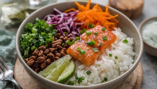 Delicious Salmon Bowl With Rice and Fresh Vegetables Served on a Dark Table