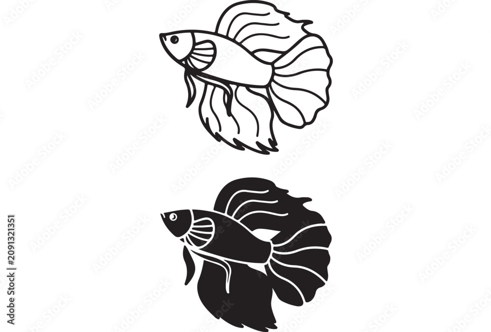 Obraz premium Betta fish vector icons, Siamese fighting fish line art and silhouette set, elegant aquatic animal illustrations for logo design and branding