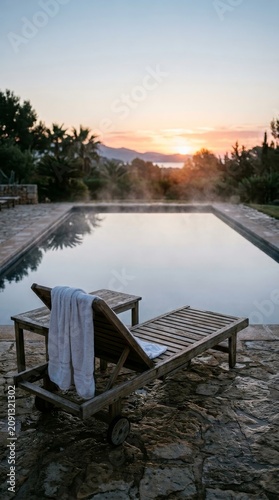 Serene Sunset Retreat by a Steaming Infinity Pool: An Evocative Portrait of Luxury, Tranquility, and Golden Hour Relaxation in a Picturesque Mediterranean Landscape Oasis.