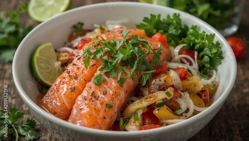 Salmon With Vegetables Served in a Bowl With Lime and Herbs for a Healthy Meal