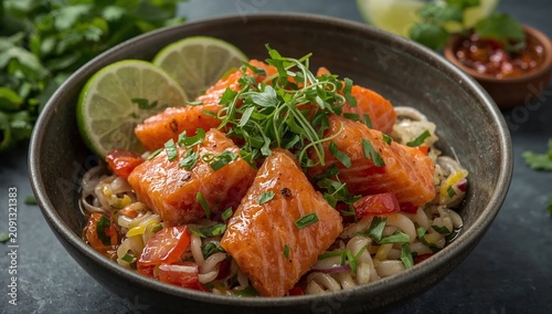 Salmon With Vegetables Served in a Bowl With Lime and Herbs for a Healthy Meal