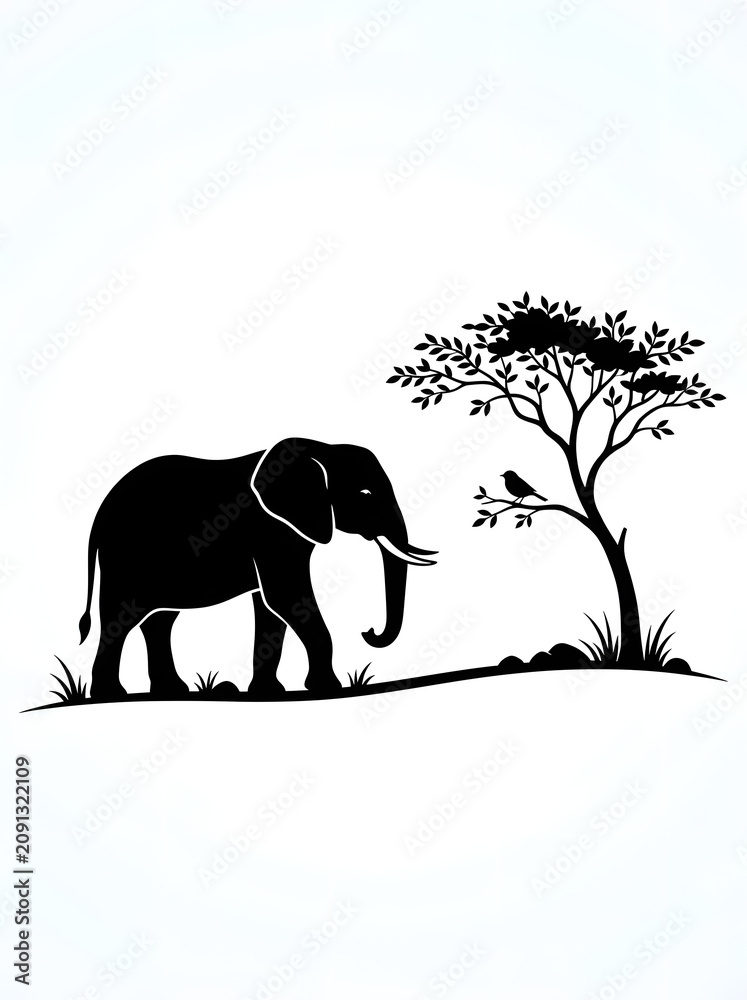 Fototapeta premium Elegant Elephant Silhouette in a Serene Savanna Landscape with an Acacia Tree and Perched Bird, Capturing the Untamed Spirit of African Wildlife