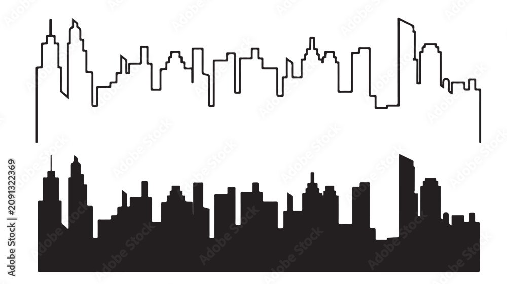 Fototapeta premium Minimalist city skyline vector set, black silhouette and thin line art urban landscape, modern skyscraper horizon panorama for web design