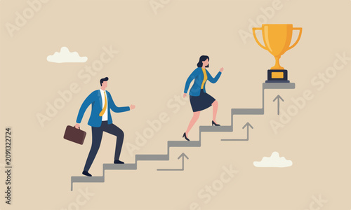 Photography Business competition concept, businessman and businesswoman walk up stair compet