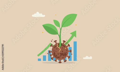 pandemic economic business growing after Coronavirus crash and economic recession concept, green sprout plant successfully growing from dead coronavirus pathogen