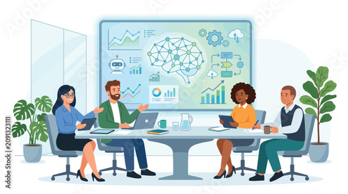 Diverse business professionals collaborating on artificial intelligence data science and machine learning technology in a modern office meeting room