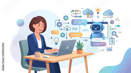 Smiling businesswoman working with AI chatbot assistance and cloud technology for efficient digital workflow and innovative business solutions