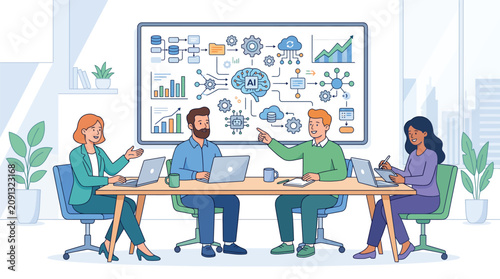Business team discussing artificial intelligence concepts and data analysis in a modern office meeting setting