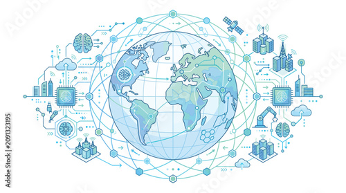Global artificial intelligence and internet of things network connecting smart cities with digital technology communication worldwide concept illustration