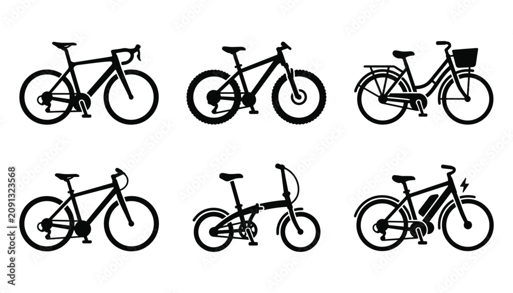 Naklejka premium Bicycle silhouette set featuring road mountain city folding and electric bikes vector illustration.