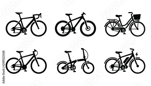 Bicycle silhouette set featuring road mountain city folding and electric bikes vector illustration.