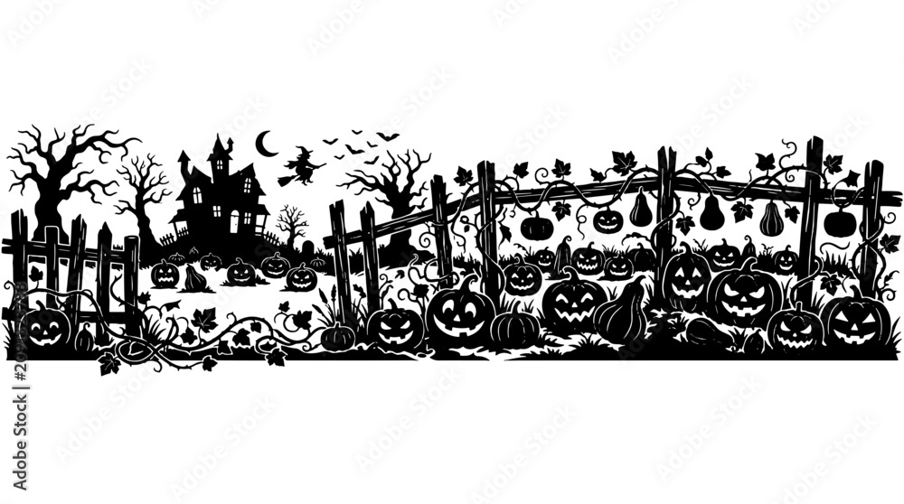 Fototapeta premium Silhouette of a spooky halloween scene with haunted house bats pumpkins and fence