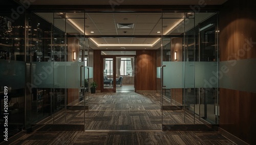 Meeting Space in a Modern Office Building With Glass Doors and Wooden Walls