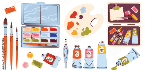 Cute watercolor painting vector clipart with paint palette, watercolor set, paint tubes, brushes and art supplies. Perfect for creative projects, school activities, artists and classroom materials.