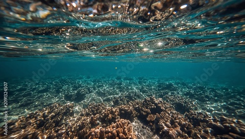 Underwater View of Coral Reef With Sunlight Shining on the Water Surface