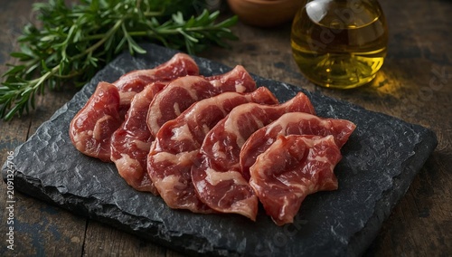 Slices of Cured Meat on a Dark Board With Herbs and Oil in the Kitchen