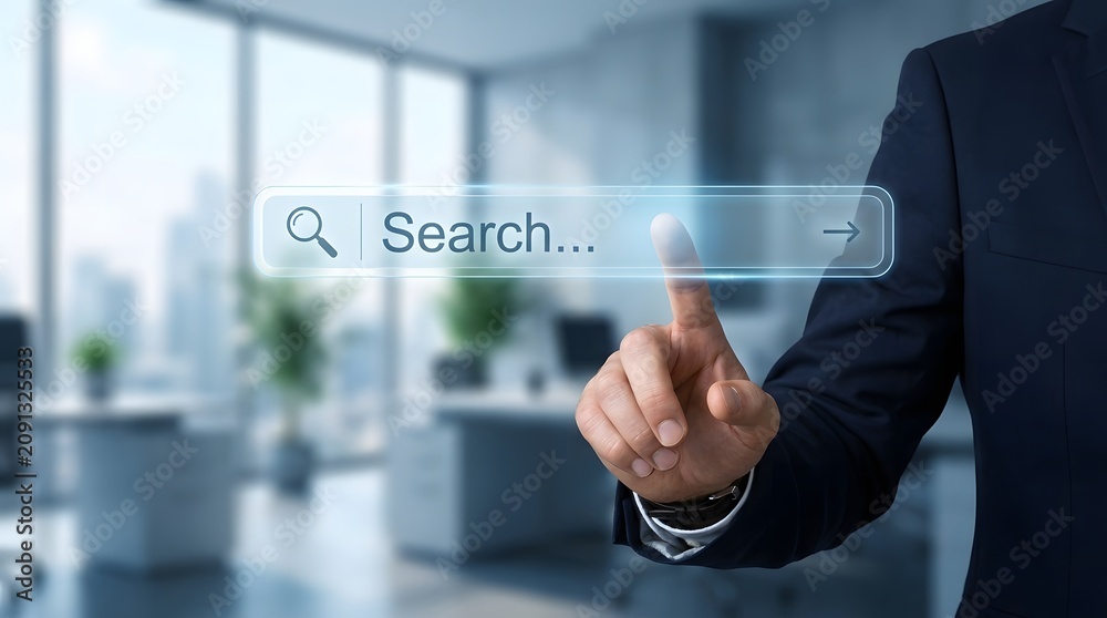 Obraz premium Businessman interacting with a digital search bar in a modern office setting