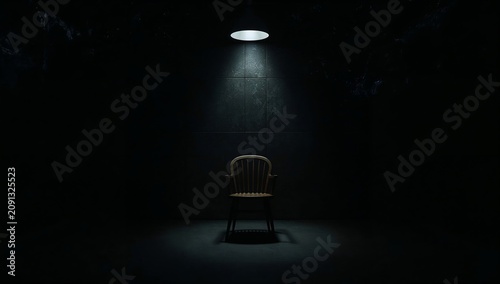 Empty Chair in a Dark Room With a Single Light Above Creating a Focused Spot