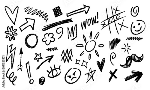 Thirty-seven hand-drawn objects in a cute childish style. Doodles and squiggles for scrapbooking. Vector illustration