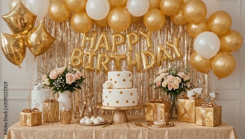 Celebration of a Birthday With Decorations and a Cake in a Festive Setting