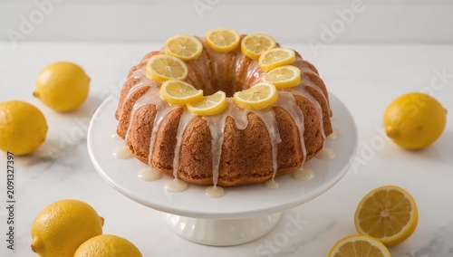Lemon Bundt Cake With Lemon Slices on Top Displayed on a White Stand