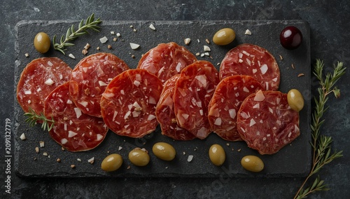 Sliced Cured Meat on a Black Stone Plate With Olives and Herbs