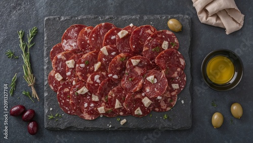 Sliced Cured Meat on a Black Stone Plate With Olives and Herbs