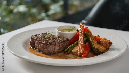 Perfectly Cooked Steak Served With Vegetables and Sauce on a White Plate in a...