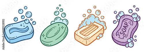 Colorful soap bars set with cleaning bubbles vector illustration for hygiene and body care concept.