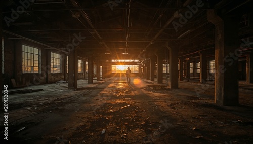Man Walking in an Abandoned Building at Sunset With Light Streaming Through W...