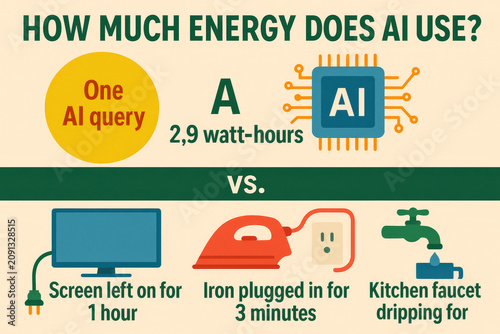 AI Infographic - Artificial Intelligence Energy Use - Each prompt - Ai Query or Prompt - Visual representation of technology energy usage compared to daily utilities and electronics