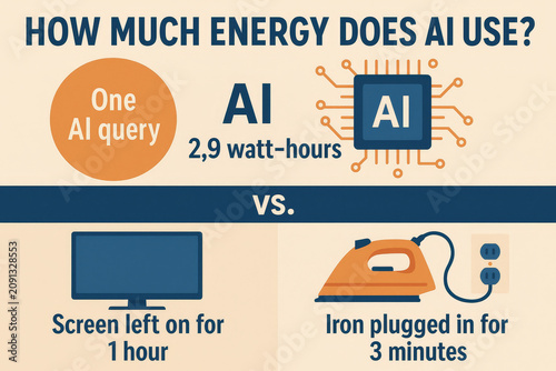 AI Infographic - Artificial Intelligence Energy Use - Each prompt - Ai Query or Prompt - Visual representation of technology energy usage compared to daily utilities and electronics
