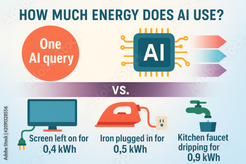 AI Infographic - Artificial Intelligence Energy Use - Each prompt - Ai Query or Prompt - Visual representation of technology energy usage compared to daily utilities and electronics