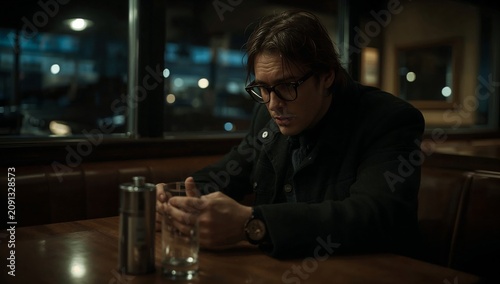 Man Sitting Alone at a Table With a Glass of Water in a Dimly Lit Diner at Night