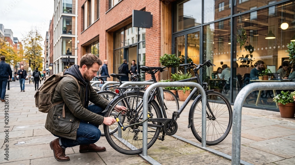 Obraz premium Man securing bicycle with lock on city street outside modern building with people inside working