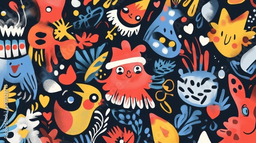 Colorful whimsical creatures and floral pattern on dark background.