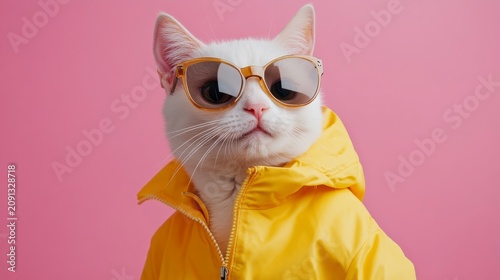 Cool white cat wearing yellow raincoat and sunglasses against pink background.