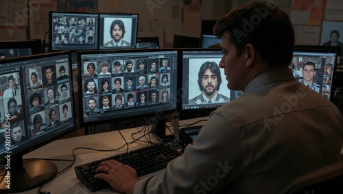 Man Looks at Multiple Computer Screens Showing Faces in an Office Setting Dur...