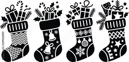 Christmas stocking icons with gifts candy cane and ornaments vector silhouette