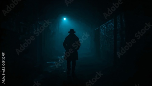 Mystery Figure Walking in a Dark Alley With Blue Light in the Background at Night