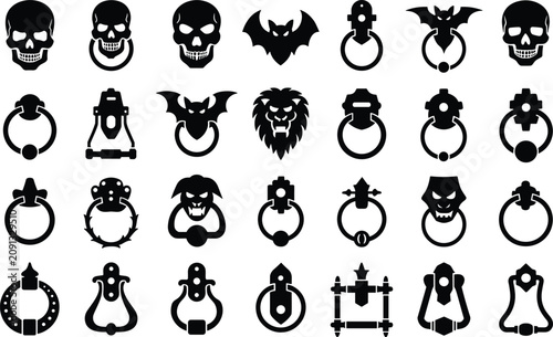 Foto Collection of gothic and spooky door knockers skulls bats and lions icons