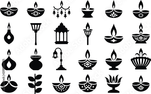 Collection of silhouette traditional indian oil lamps and decorative elements for diwali celebration vector