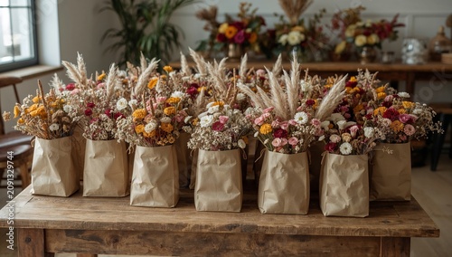 Flowers in Paper Bags on a Wooden Table in a Shop With a Bright and Colorful ...