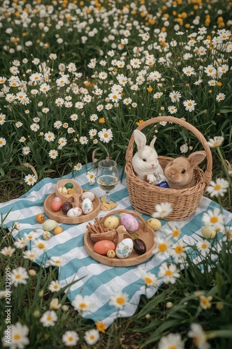 Two Bunnies Sit on a Blue and White Picnic Blanket in a Field of Flowers