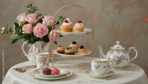 Tea Party With Desserts and Floral Decorations on a Table